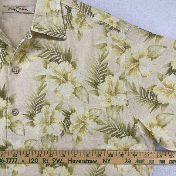TOMMY BAHAMA Shirt Mens M Linen Floral Hibiscus Tropical Camp Short Sleeve Green - Picture 11 of 13
